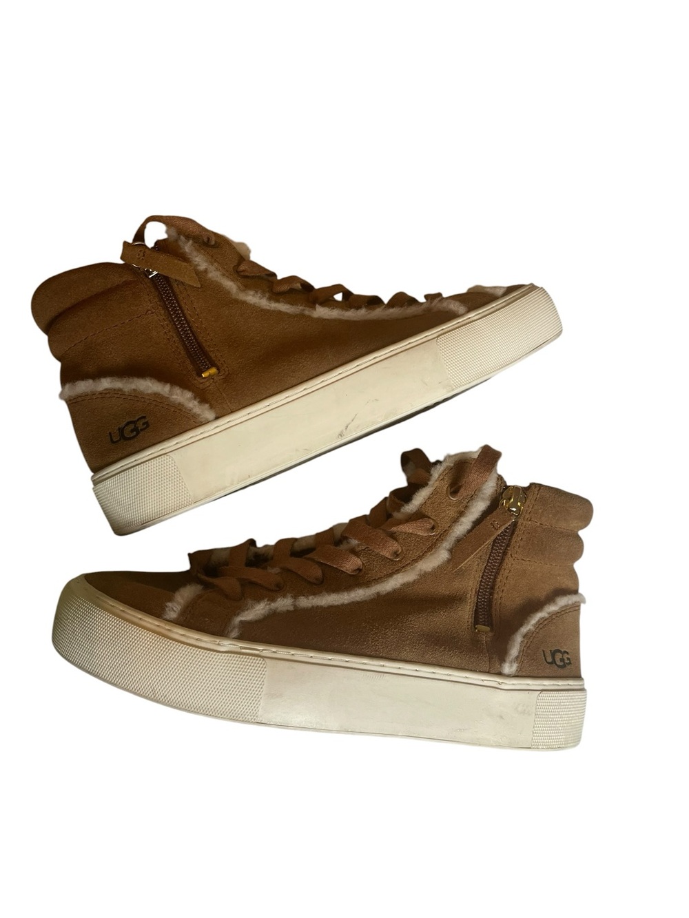 UGG Shearling High Top Sneakers Chestnut Suede Zip Lace Up Cozy Size 7 - Picture 4 of 8